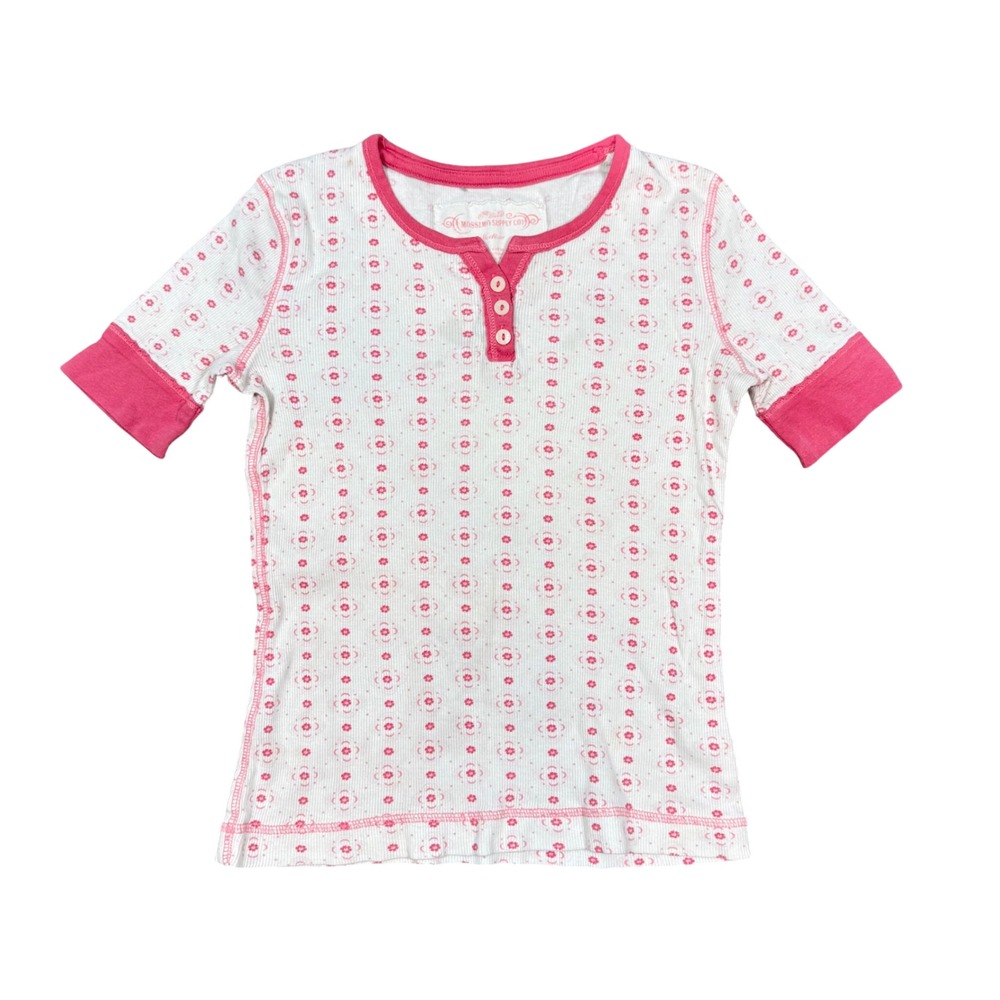 Y2K Mossimo Supply Co Pink Floral Ribbed Henley Top Medium